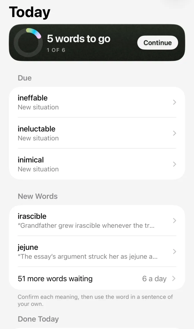 The Today screen in Reach: five words to go, words due for review, and newly captured words.